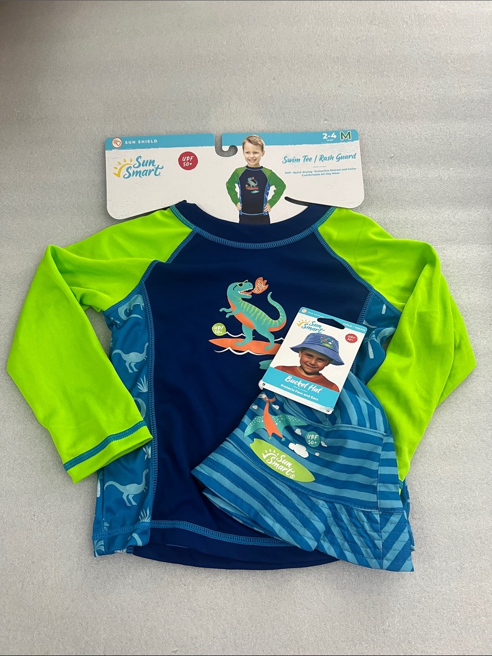 Sun Smart Dino Swim Shirt Rash Guard & Bucket Hat Kids Size M 2-4 Years UPF 50+